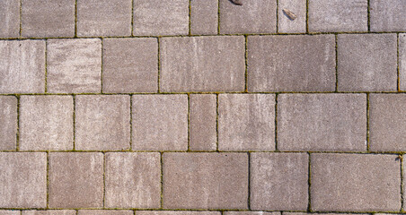 Obraz premium Top view of gray cobblestone pavement with uneven texture and grass growing between stones. Suitable for architecture, landscaping, and outdoor design projects.