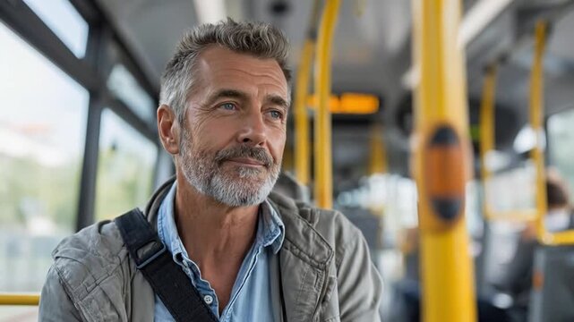 Mature Caucasian man engaged in a phone conversation on a bus, showcasing expressions of thoughtfulness and contentment in a public transport setting