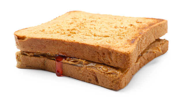 Yummy sandwich with peanut butter and jam isolated on white