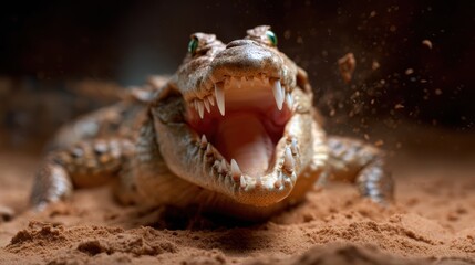 Obraz premium A highly detailed close-up of a crocodile's open mouth, showcasing its sharp teeth and fierce expression, revealing the raw power and fierceness of this ancient predator.