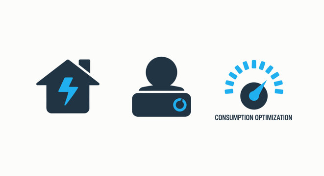 Energy Management Icons: Home Power, User Profile, and Consumption Optimization Meter for Smart Home and Efficiency