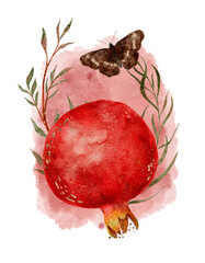 Pomegranate Art Decoration. Dreamy Watercolor Pomegranate Surrounded By Botanical And Moth Details