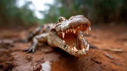 A close-up of a crocodile with its mouth wide open displays its sharp teeth, capturing the raw beauty and ferocity of wildlife in its natural habitat on a muddy ground.