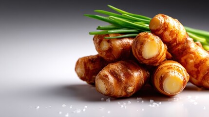 A cluster of fresh turmeric roots elegantly placed with vibrant green chives on a minimalistic background, conveying a sense of health, nature, and culinary application.