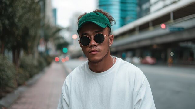 A stylish young man wearing sunglasses and a green cap, posing confidently on a city street, exuding a cool urban vibe with a laid-back attitude.