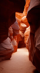 Sunlit sandstone canyon with smooth, flowing rock formations and warm orange tones.
