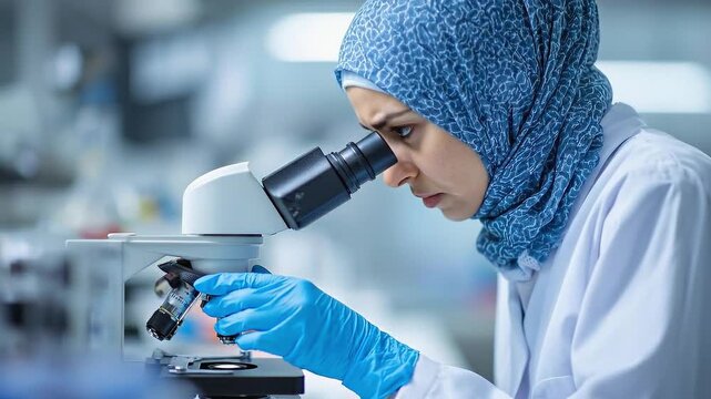 Muslim woman in hijab examines slide under microscope in a laboratory, showcasing detailed scientific analysis and research environment