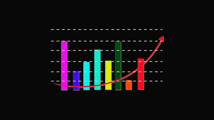 Fototapeta premium Colorful Bar Chart with Upward Trending Red Arrow on Black Background graph data.