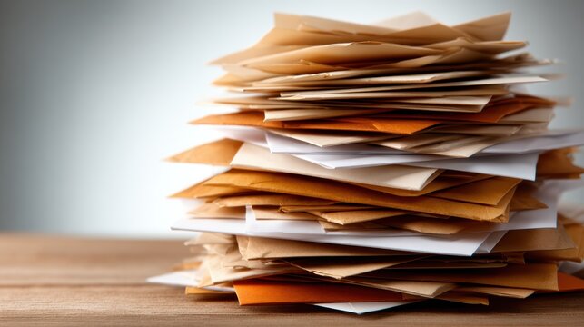 A visual representation of a disorganized stack of assorted envelopes sitting on a wooden table, capturing a sense of chaos and organization challenges in everyday life.