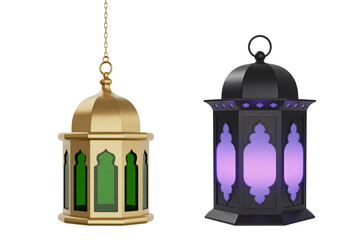 Traditional Islamic Ramadan or Eid decorative lanterns illuminated in gold and dark mysterious glowing purple light.&nbsp;Colorful Ramadan lantern set with glowing lights.