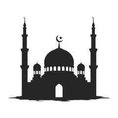Silhouette graphic representation of a grand mosque featuring prominent domes and towering minarets.