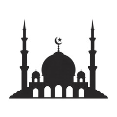 Minimalist black silhouette illustration of a grand mosque featuring a central dome and tall minarets clearly visible.