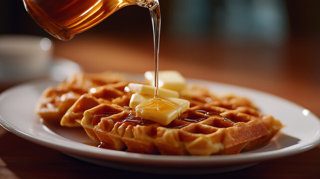 Stack of golden waffles topped with melting butter and syrup being poured over them.
