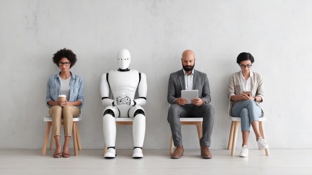 Humanoid robot alongside business professionals seated, engaging with smartphones and sipping coffee near minimalist white wall, suggesting professional meeting context