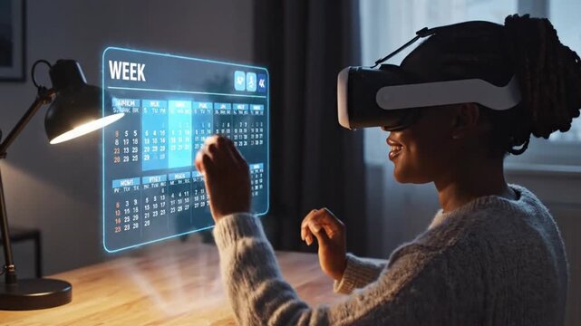 Woman in vr headset interacts with virtual calendar on futuristic interface