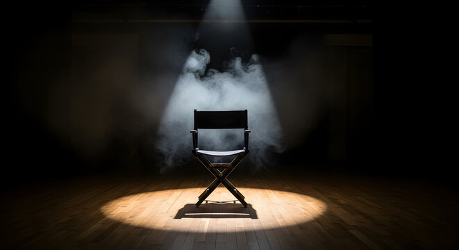 Empty directors chair on a stage under a spotlight with smoke symbolizing performance audition or creative process