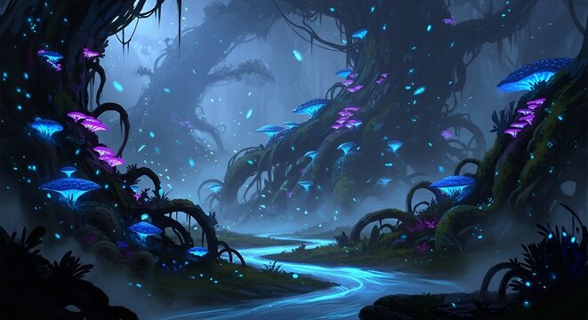 An otherworldly landscape of an alien forest at night.Giant, twisted trees with bioluminescent blue and purple fungi and foliage.