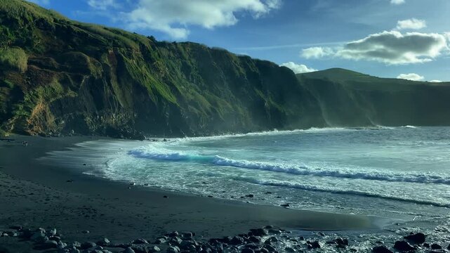 Cinematic landscape of Ponta da Ferraria volcanic coastline and thermal natural pools, Sao Miguel, Azores.
Horizontal wide shot capturing the dramatic basaltic cliffs and the Atlantic Ocean.