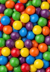 Top View Macro Of Many Colorful Round Chocolate Candies With Vibrant Red Green Blue Yellow And Orange Shells