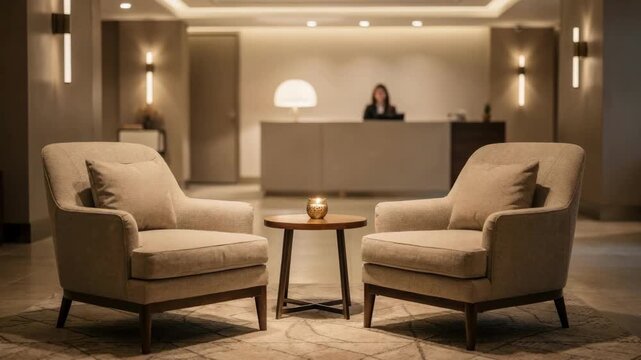 Inviting entrance lounge showcasing a medium shot of cushioned armchairs with ambient lighting and a softly blurred reception area behind.