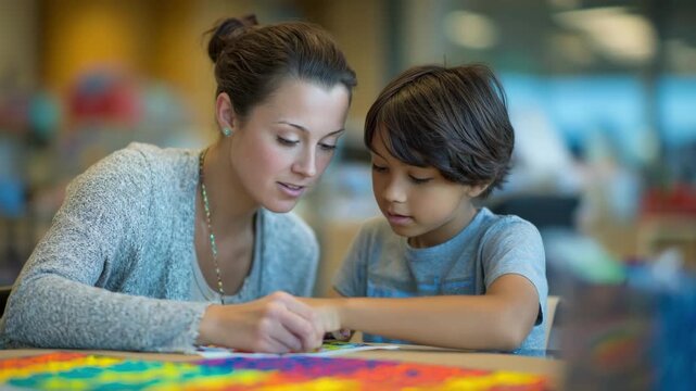 Medium shot of an elementary tutor guiding a young student through colorful math problems at a quiet table with sharp focus on their attentive faces and blurred background.