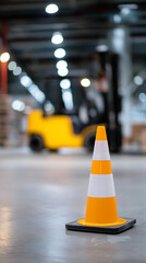 Naklejka premium Close-up of an orange traffic cone on a warehouse floor with blurred forklift 