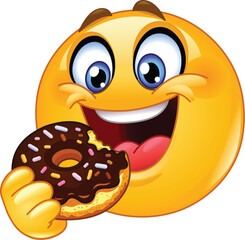 Happy Emoji Emoticon Eating a Chocolate Frosted Donut With Colorful Sprinkles