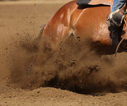 A barrel racing horse is sliding in the dirt.