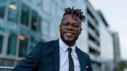Fototapeta premium This image presents a fashionable man in a stylish suit with glasses, smiling confidently in an urban outdoor setting, embodying modern professionalism and charisma.