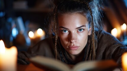 Fototapeta premium A young woman reads intently by candlelight, creating an enchanting atmosphere that emphasizes the beauty of solitude, reflection, and intellectual pursuit in dim lighting.