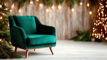Obraz premium An inviting green velvet chair set against a backdrop of warm holiday lights and decorations, creating a cozy atmosphere perfect for relaxation and celebration during festive seasons.