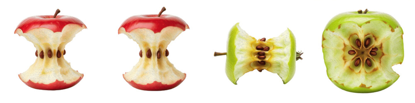 Eaten Apple Core Collection Featuring Red and Green Varieties with Visible Seeds and Stems Isolated on White Background PNG Mockup for Food Waste and Organic Nutrition Concepts