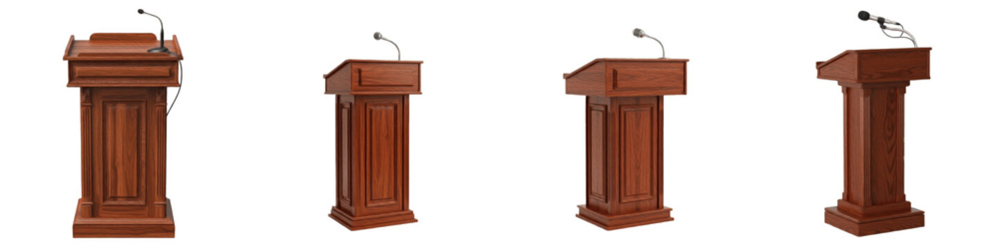 Elegant Wooden Podium Lectern Collection Featuring Classic Mahogany Finish and Gooseneck Microphones Isolated on White Background PNG Mockup Set for Professional Speeches