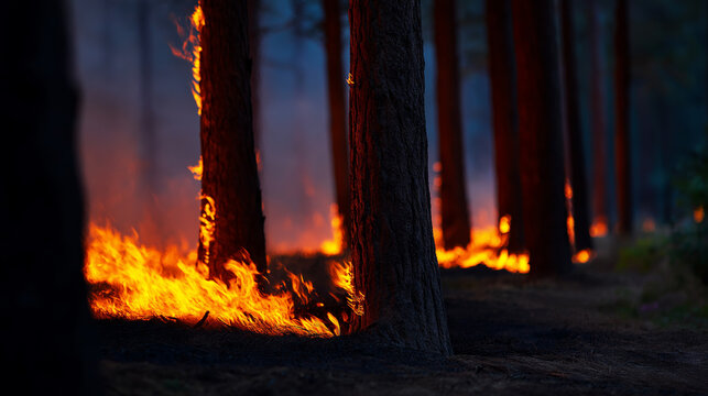 Intense forest fire engulfing tall trees at night
