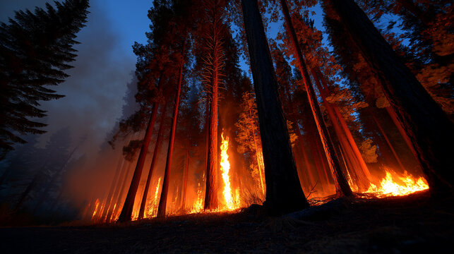 Intense forest fire engulfing tall trees at night
