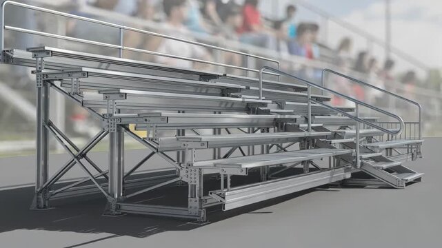 Installation of stacked aluminum bleachers with main frame details sharp and crowd movement faded in the backdrop.