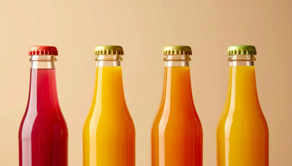 Vibrant juice bottles in assorted colors, bright and appetizing drinks, beige backdrop, healthy beverage