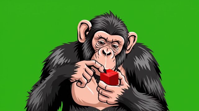 Animated Chimpanzee Monkey Holding a Red Cube on Green Screen.