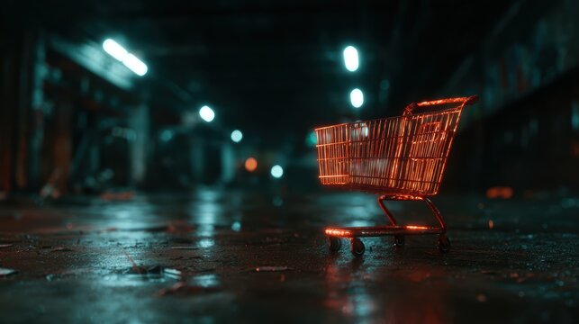 An abandoned shopping cart sits alone in a dimly lit warehouse, surrounded by debris, evoking a sense of desolation and forgotten commerce in urban decay.