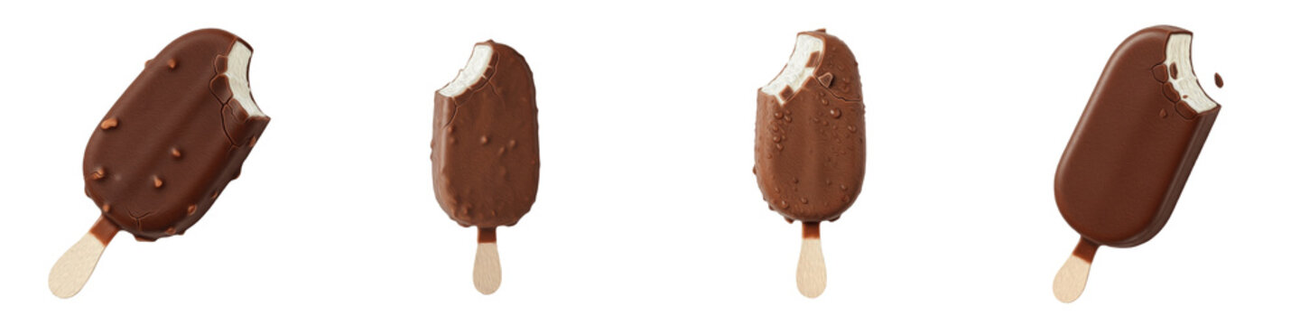 Chocolate ice cream bar set, bitten vanilla popsicle with dark cocoa coating and almonds, frozen dessert on wooden stick, sweet snack, isolated on white PNG