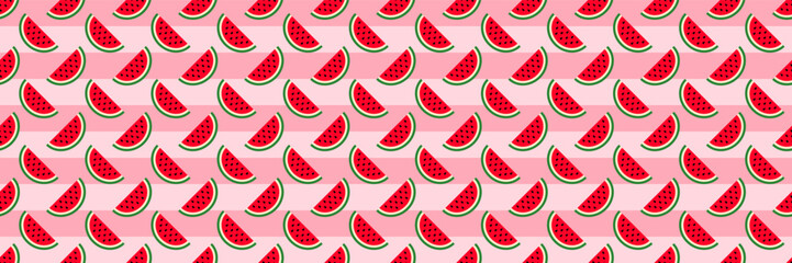 horizontal seamless half sliced red watermelon pattern on pink background.