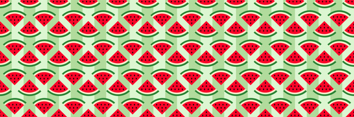 horizontal seamless triangle sliced red watermelon pattern on green background.