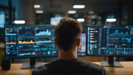 Fototapeta premium Trader analyzing stock market data on multiple monitors