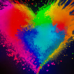 Heart shape explodes with rainbow colors on black background. Abstract powder cloud in pink, red, orange, yellow, green, blue, purple. Symbol of love, diversity, unity and celebration