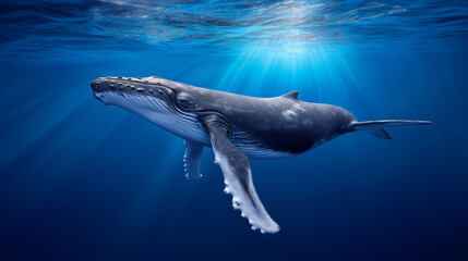 Fototapeta premium Humpback whale swimming underwater with sunlight filtering from above 