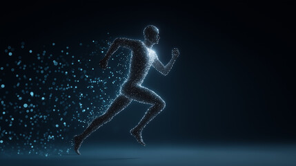 Digital silhouette of a runner disintegrating into particles, representing speed and technology
