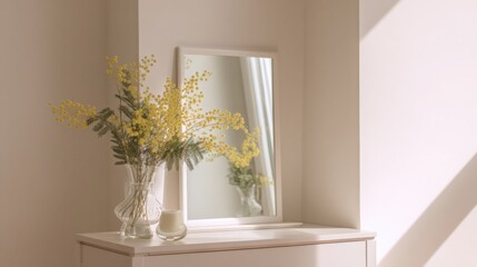 spring interior composition, single mirror on minimalist vanity table, soft daylight, glass vase with blooming mimosa reflected in mirror, airy