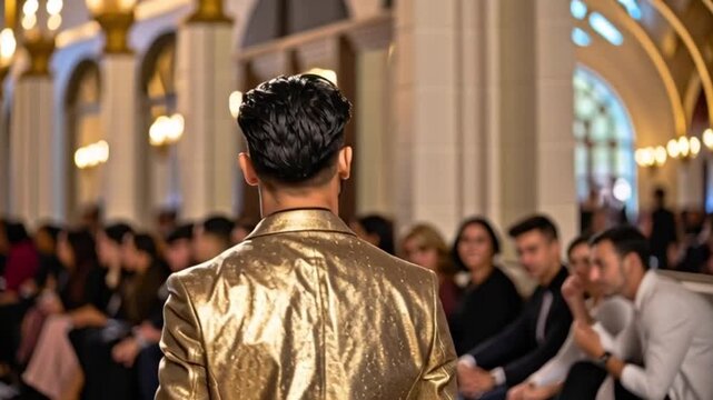 ^Junger Mann auf dem Laufsteg