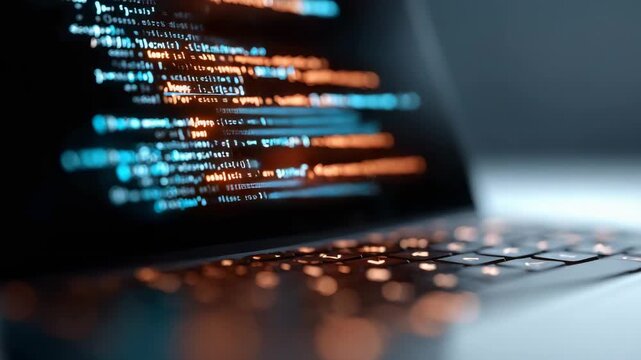 Programming code displaying on laptop screen with keyboard reflecting illuminated display's soft glow, capturing modern technology workspace environment