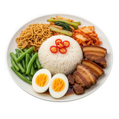 Colorful and appetizing asian rice dish with vegetables and fried egg garnish
